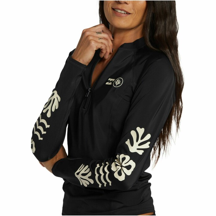 2024 Billabong Mujer Coral Jardineros Medio Zip Chaleco De Lycra De Manga Larga ABJWR03025 - Black